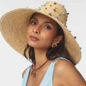 NWT Lele Sadoughi Turquoise Embellished Straw Sun Hat Natural One Size